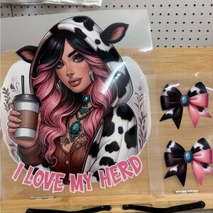 Cow Print Hoodie with Pink Hair Graphic mama and baby custom hoodie and T-shirts